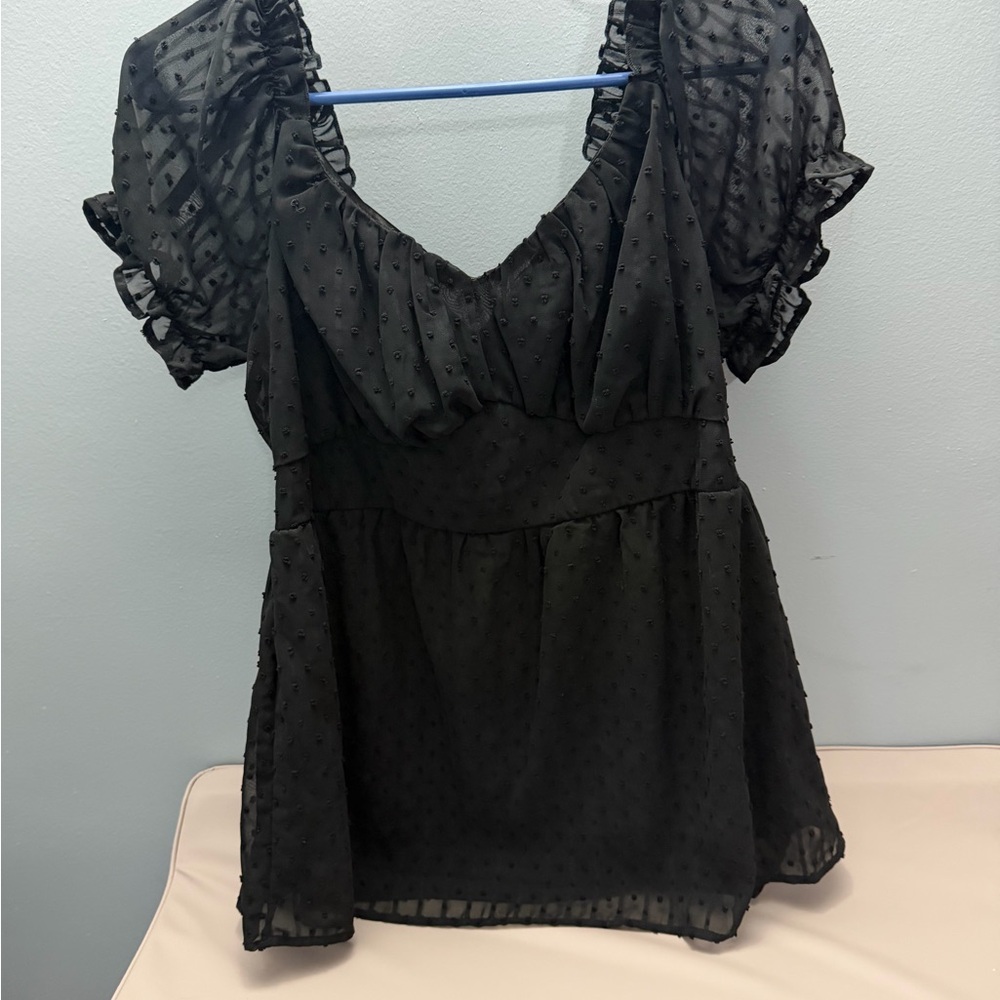 Amazon Black Swiss Dot Puff Sleeve Blouse